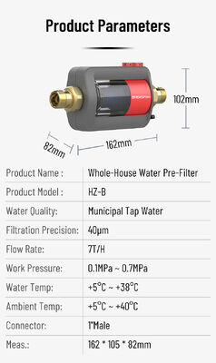 Bộ lọc nước trước toàn nhà ngang HZ-B với độ chính xác lọc 40 µm, chức năng xả thủ công và lưu lượng định mức 7 m³/h